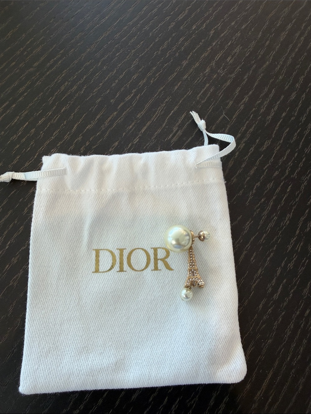Dior Triables Gold Eiffel Tower Drop Earring with White Pearls; worn once